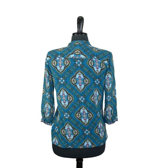Charter Club Sheer Boho Print Blouse Pleated Button Up Jewel Tones P/P - Picture 2 of 3